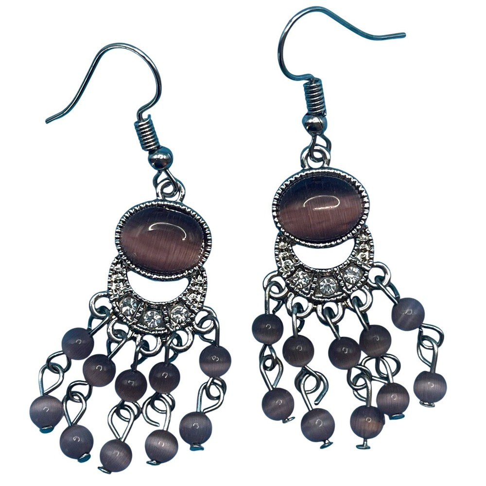 Purple Cats Eye Chandelier‎ Dangle Earrings Purple Silver Tone Boho Rhinestone